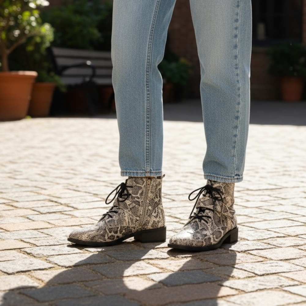 Express Python Snake Print Lace Up Combat Boots S… - image 1